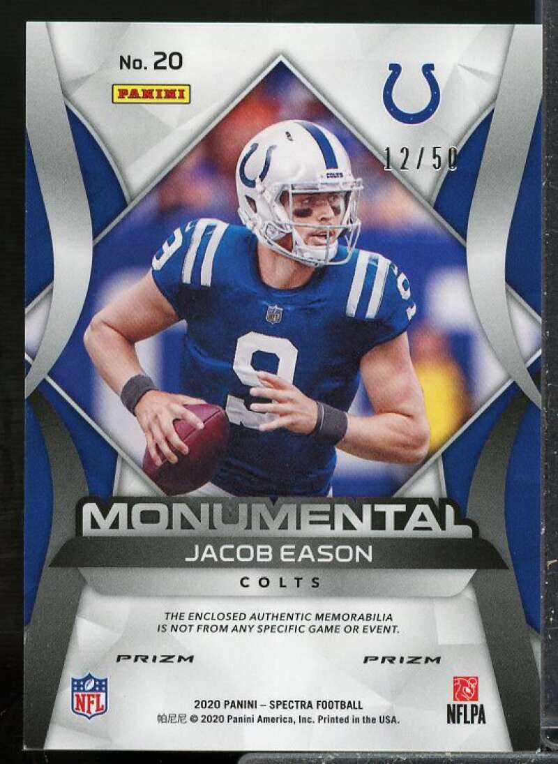 Jacob Eason /50 Card 2020 Panini Spectra Rookie Jersey Monumental Neon Blue #20  Image 2