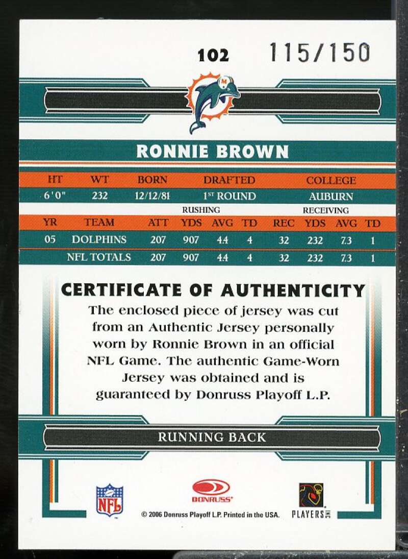 Ronnie Brown /150 Card 2006 Donruss Threads Jerseys #102  Image 2