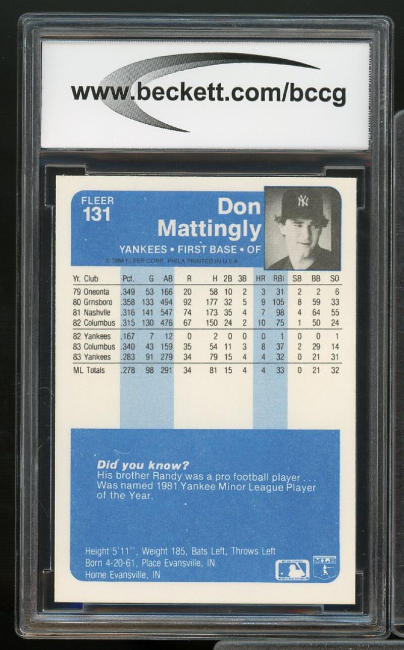 1984 Fleer #131 Don Mattingly Rookie Card BGS BCCG 10 Mint+ Image 2