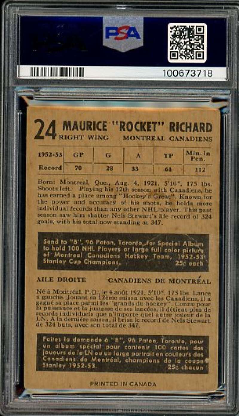 Maurice Richard Card 1953-54 Parkhurst #24 PSA 1 Image 2