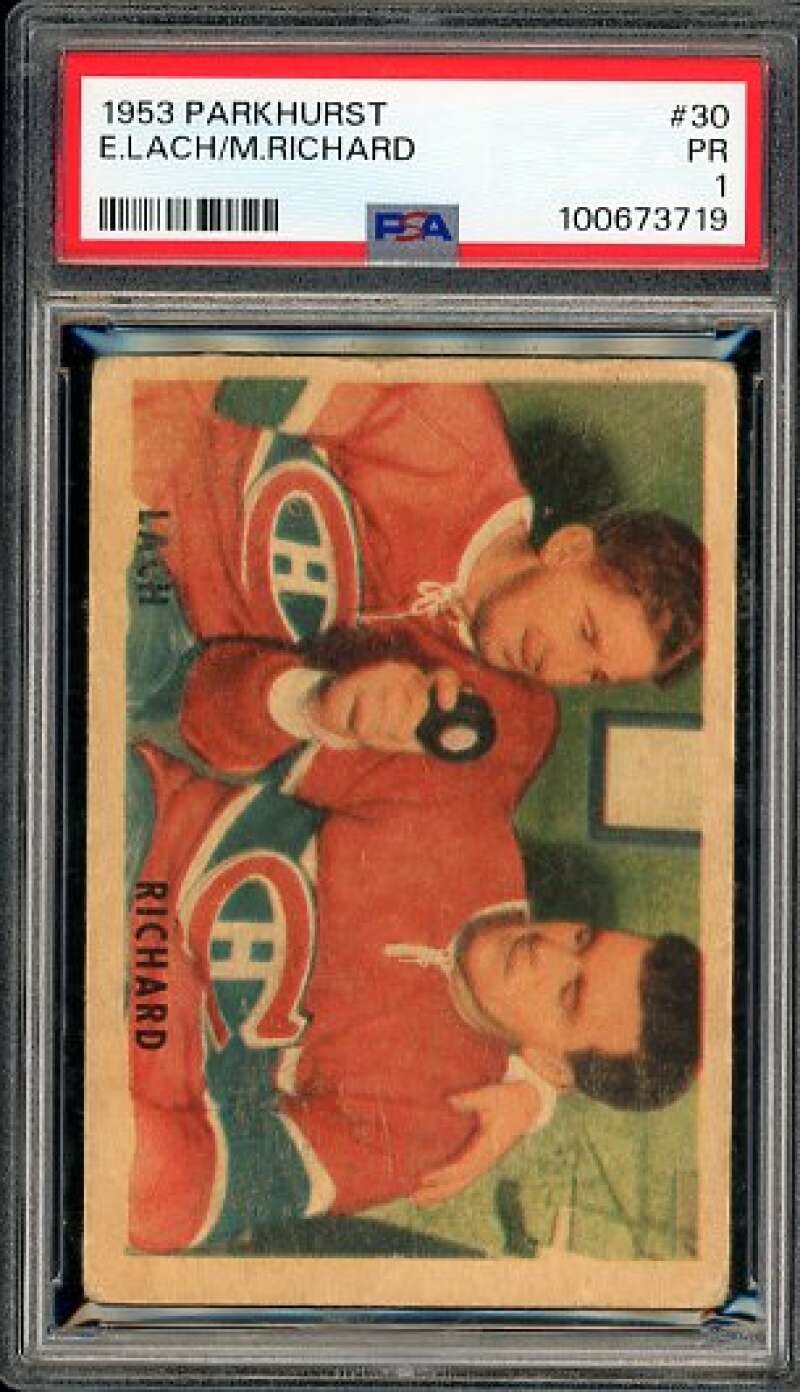 Lach/Maurice Richard Card 1953-54 Parkhurst #30 PSA 1 Image 1