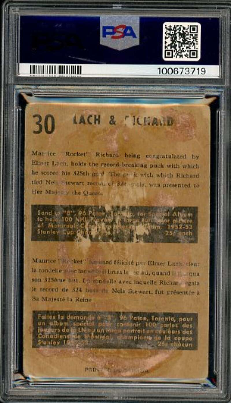 Lach/Maurice Richard Card 1953-54 Parkhurst #30 PSA 1 Image 2