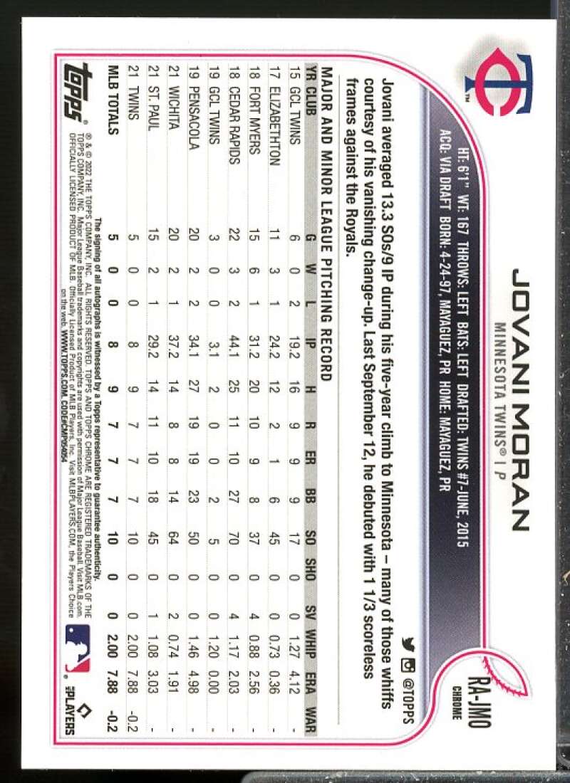 Jovani Moran Rookie Card 2022 Topps Chrome Rookie Autographs #RAJMO  Image 2