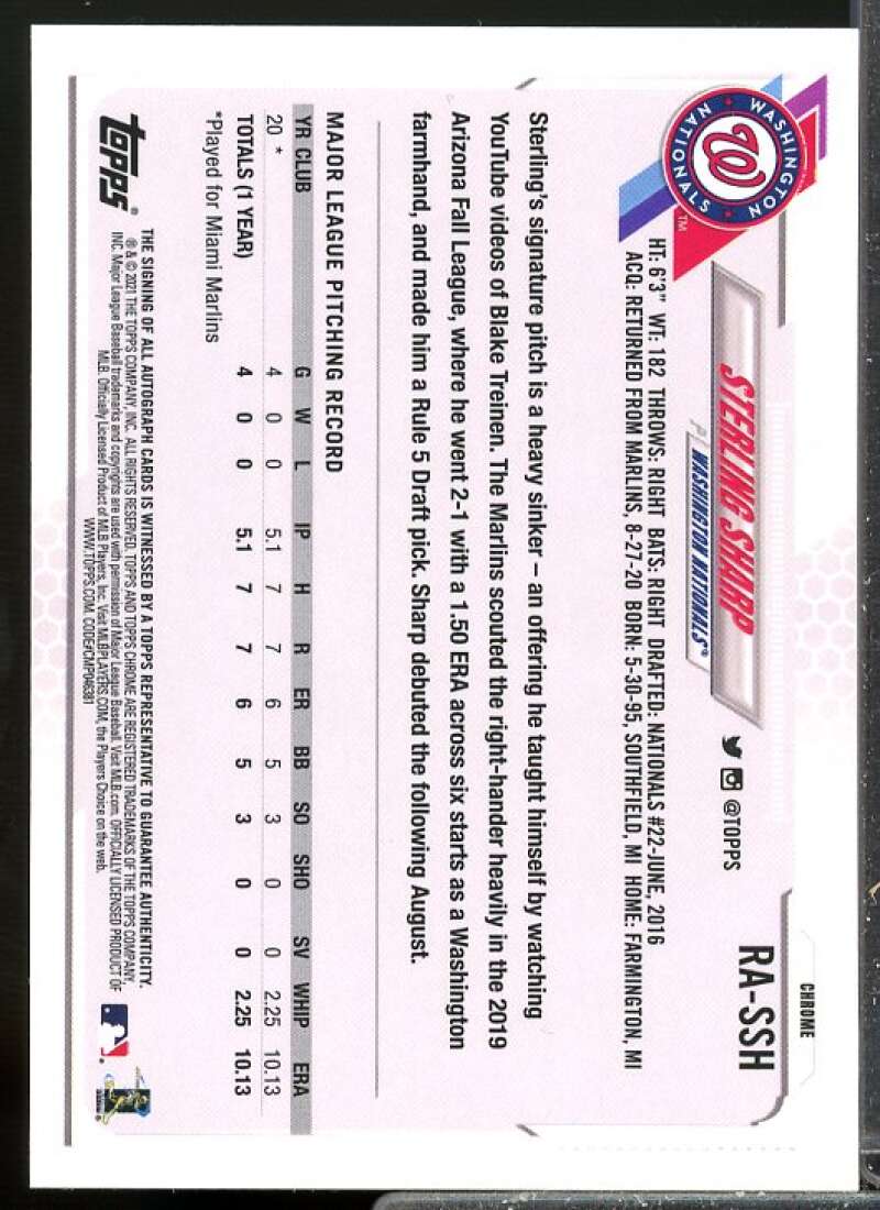 Sterling Sharp Rookie Card 2021 Topps Chrome Rookie Autographs #RASSH  Image 2