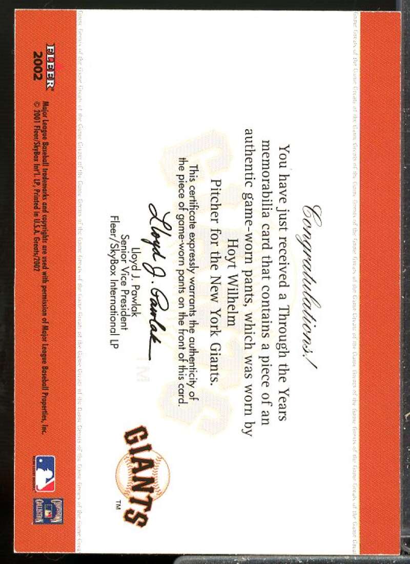 Hoyt Wilhelm Card 2002 Greats of the Game Through the Years Level 1 #27  Image 2