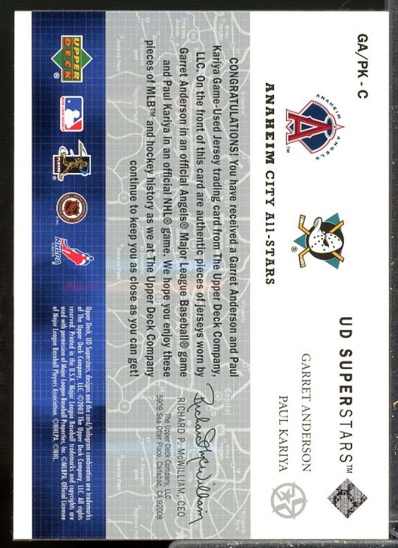 Garret Anderson/Paul Kariya 2002 UD SuperStars City All-Stars Dual Jersey #GAPK  Image 2