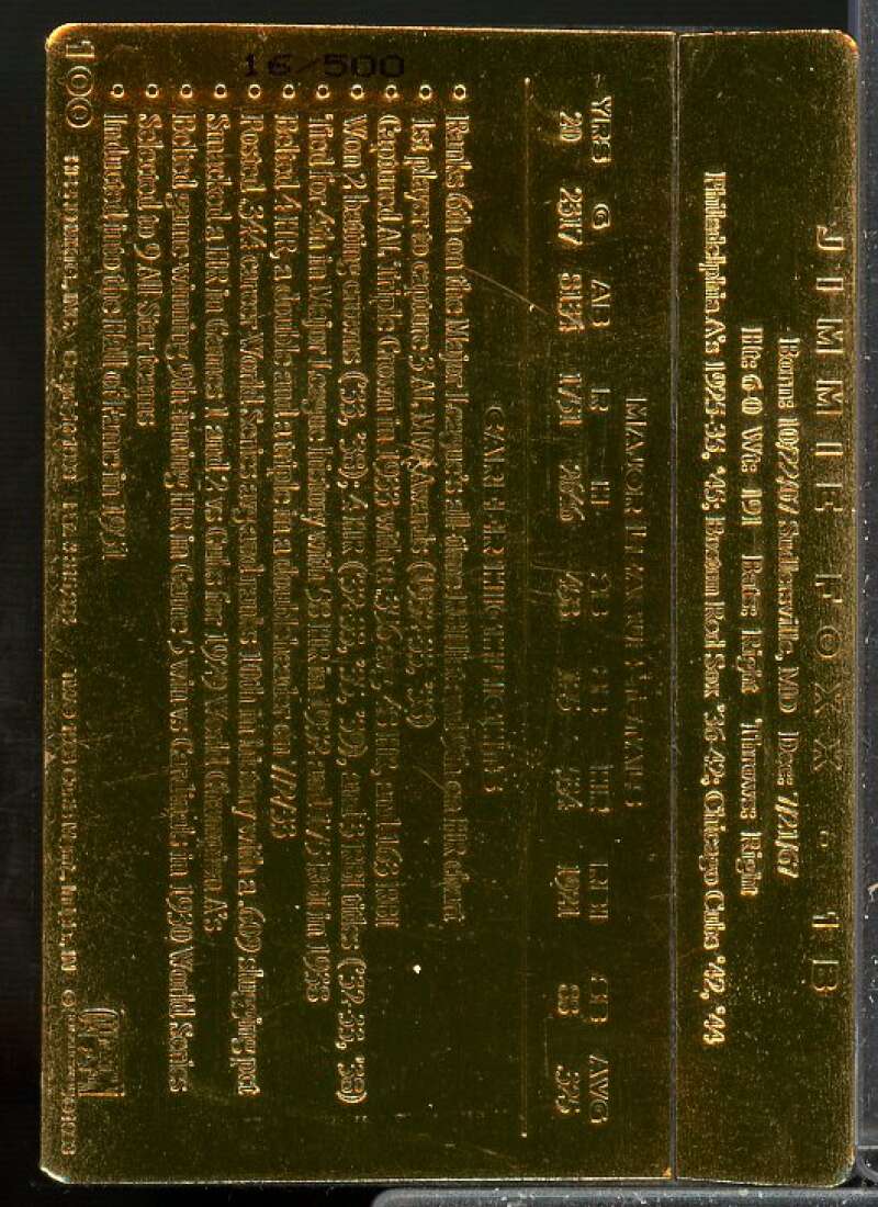 Jimmie Foxx Card 1993 Action Packed ASG 24K #34G  Image 2