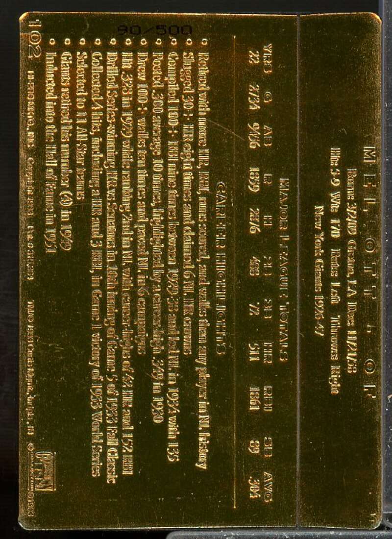 Mel Ott Card 1993 Action Packed ASG 24K #36G  Image 2