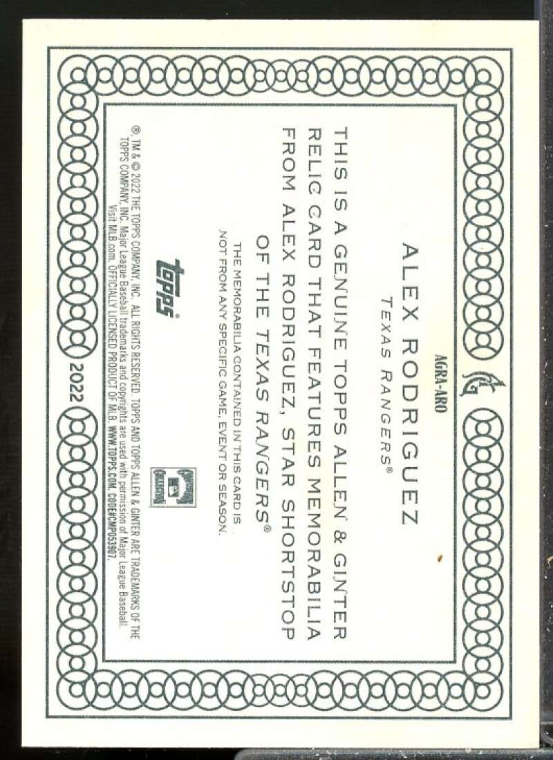 Alex Rodriguez Card 2022 Topps Allen and Ginter Relics #AGRAARO  Image 2