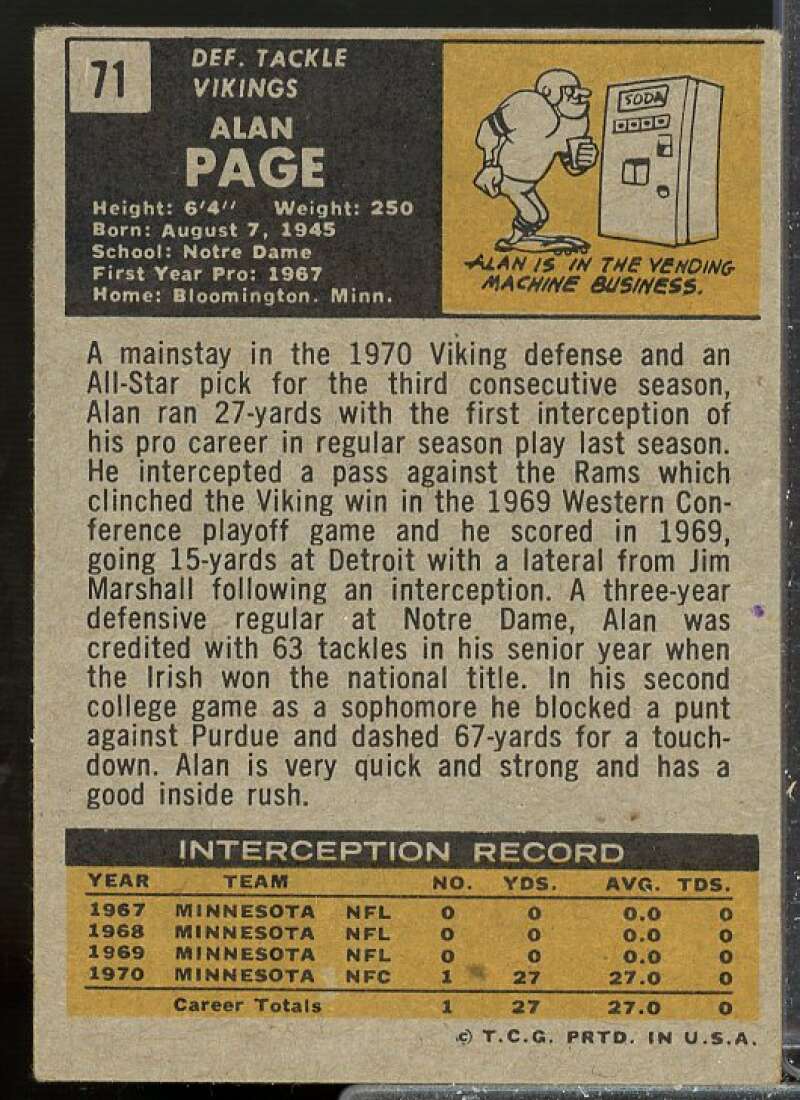 Alan Page VG-EX Card 1971 Topps #71  Image 2