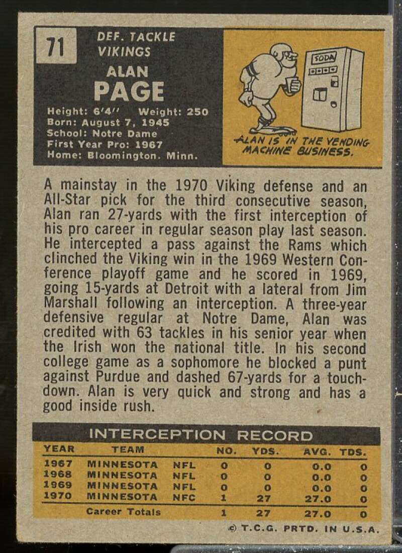 Alan Page VG-EX Card 1971 Topps #71  Image 2