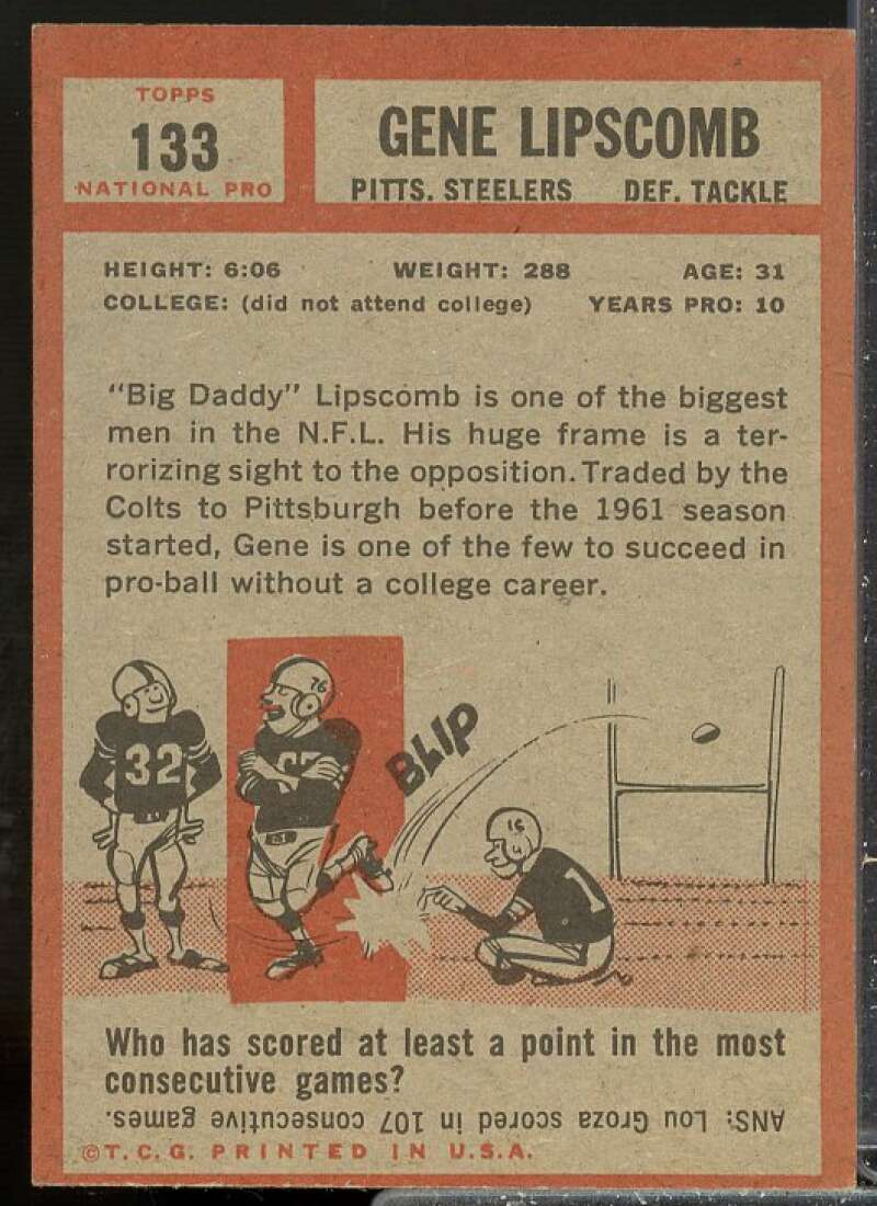Gene Lipscomb SP Card 1962 Topps #133  Image 2