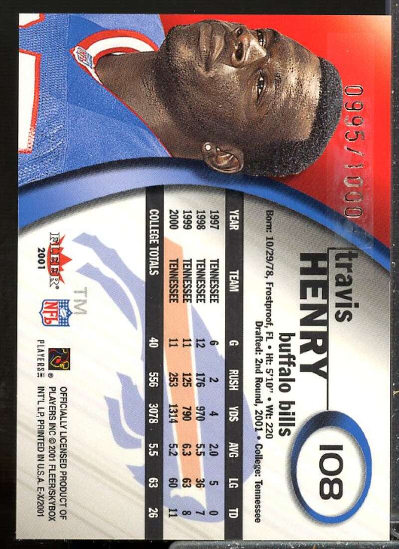 Travis Henry/1000 Rookie Card 2001 E-X #108  Image 2