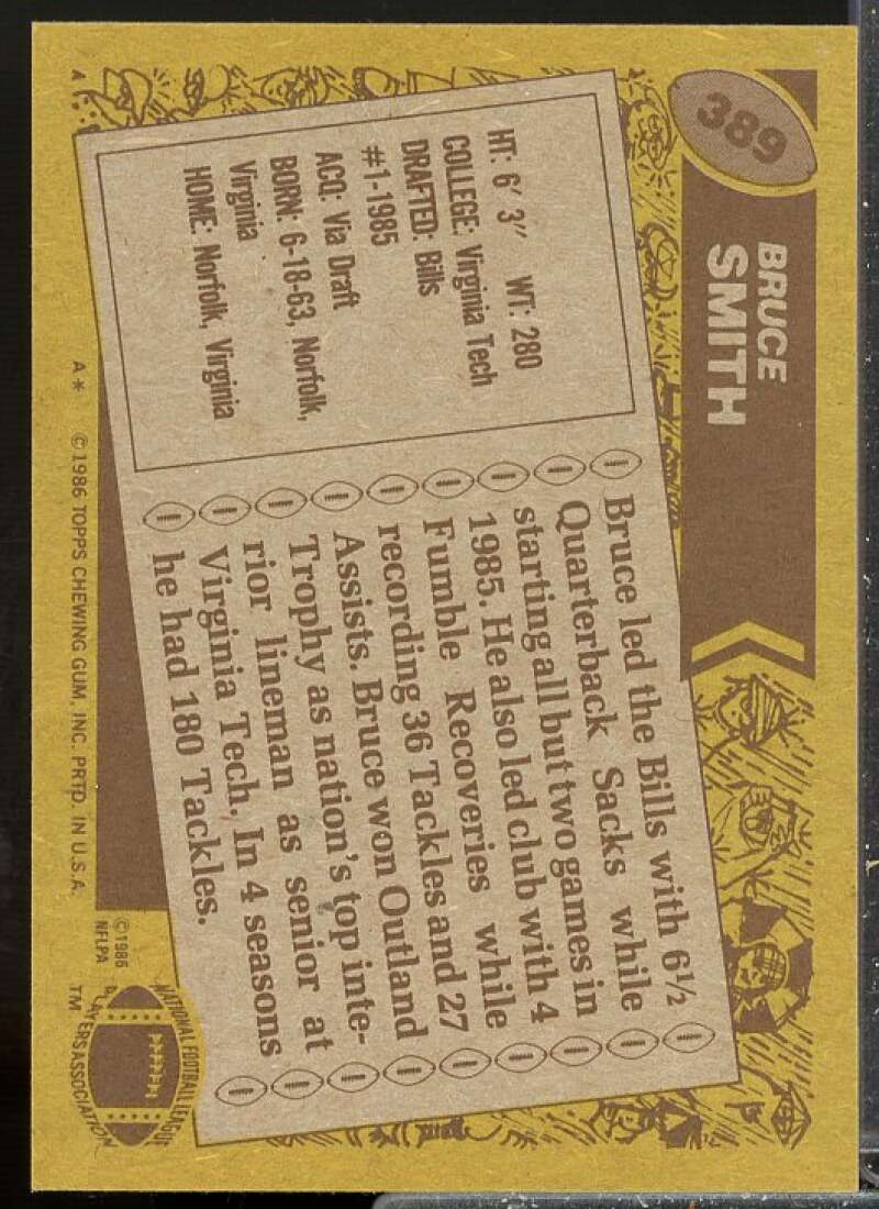 Bruce Smith Rookie Card 1986 Topps #389  Image 2