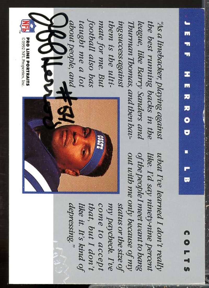 Jeff Herrod Card 1992 Pro Line Portraits Autographs #65  Image 2