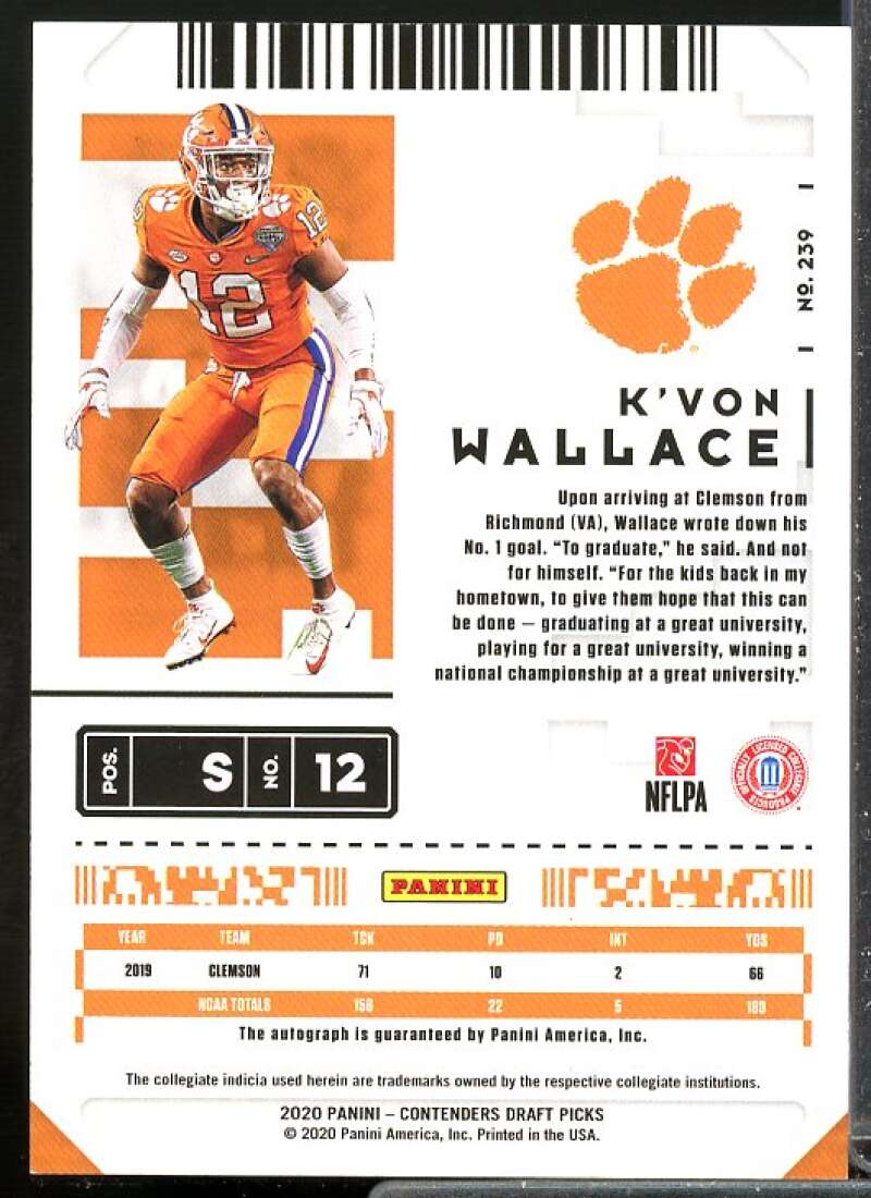 K'Von Wallace AU Rookie 2020 Panini Contenders Draft Picks Bowl Ticket #239  Image 2