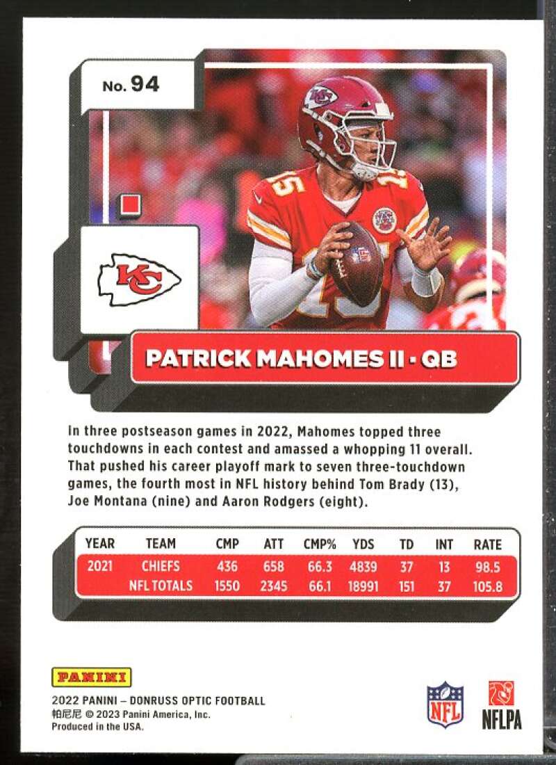 Patrick Mahomes II Card 2022 Donruss Optic #94  Image 2