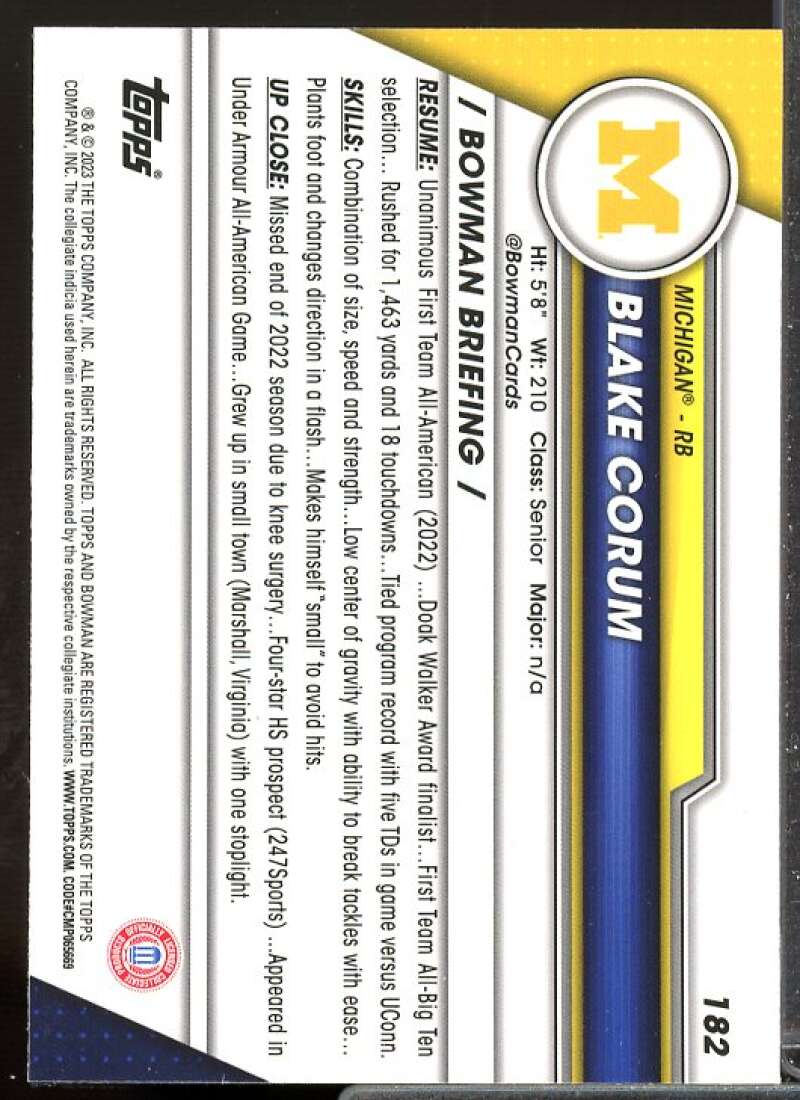 Blake Corum Card 2023 Bowman Chrome University X-Fractors #182  Image 2