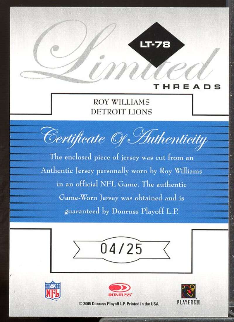 Roy Williams WR AU Rookie Card 2005 Leaf Limited Threads At the Half #LT78  Image 2