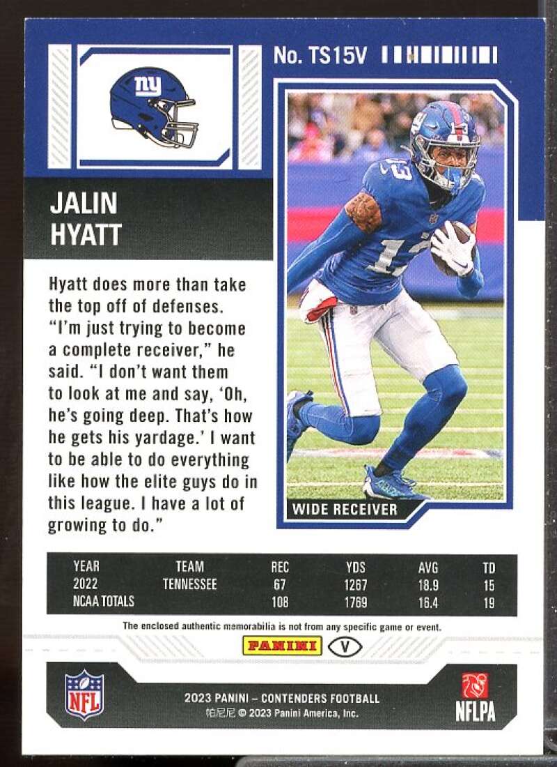 Jalin Hyatt Rookie 2023 Panini Contenders Rookie Ticket Swatches Variations #15  Image 2