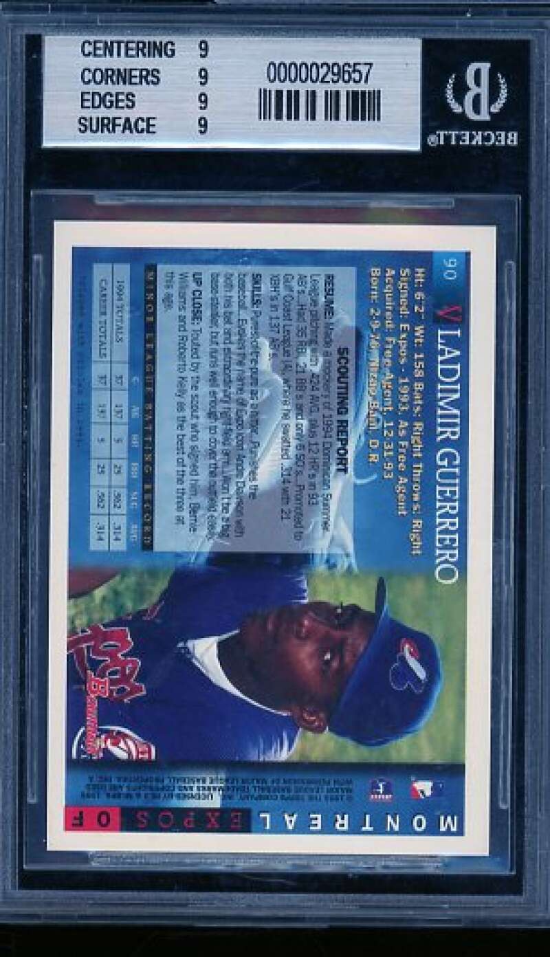 Vladimir Guerrero Rookie Card 1995 Bowman #90 BGS 9 Image 2