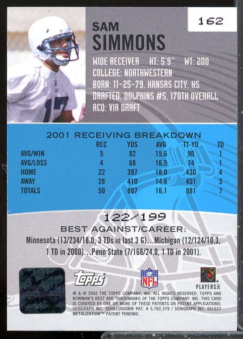 Sam Simmons AUTO Card 2002 Bowman's Best Red #162  Image 2