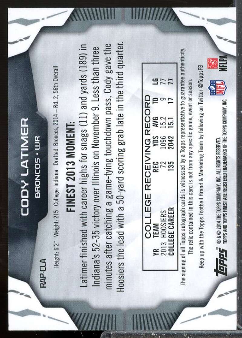 Cody Latimer Rookie Card 2014 Finest Rookie Patch Autographs Refractors #RAPCLA  Image 2