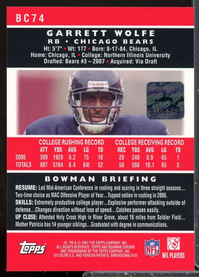 Garrett Wolfe J Rookie Card 2007 Bowman Chrome Rookie Autographs #BC74  Image 2