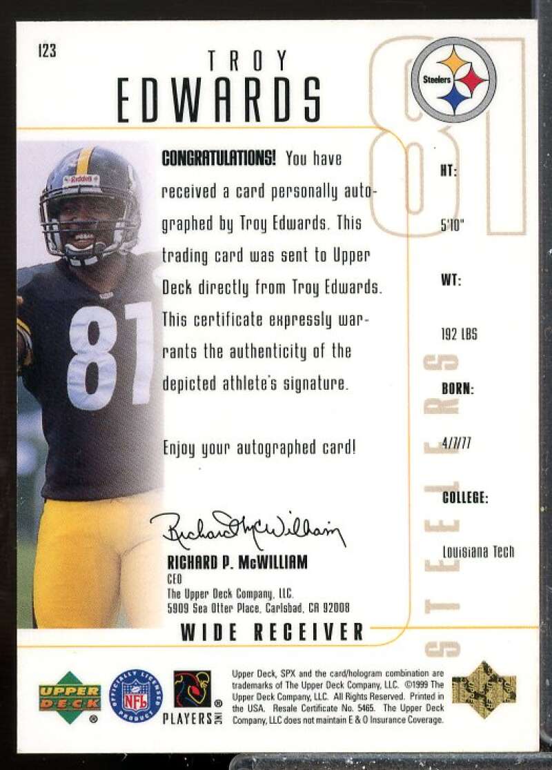 Troy Edwards Rookie Card 1999 SPx Rookie Auto #123  Image 2