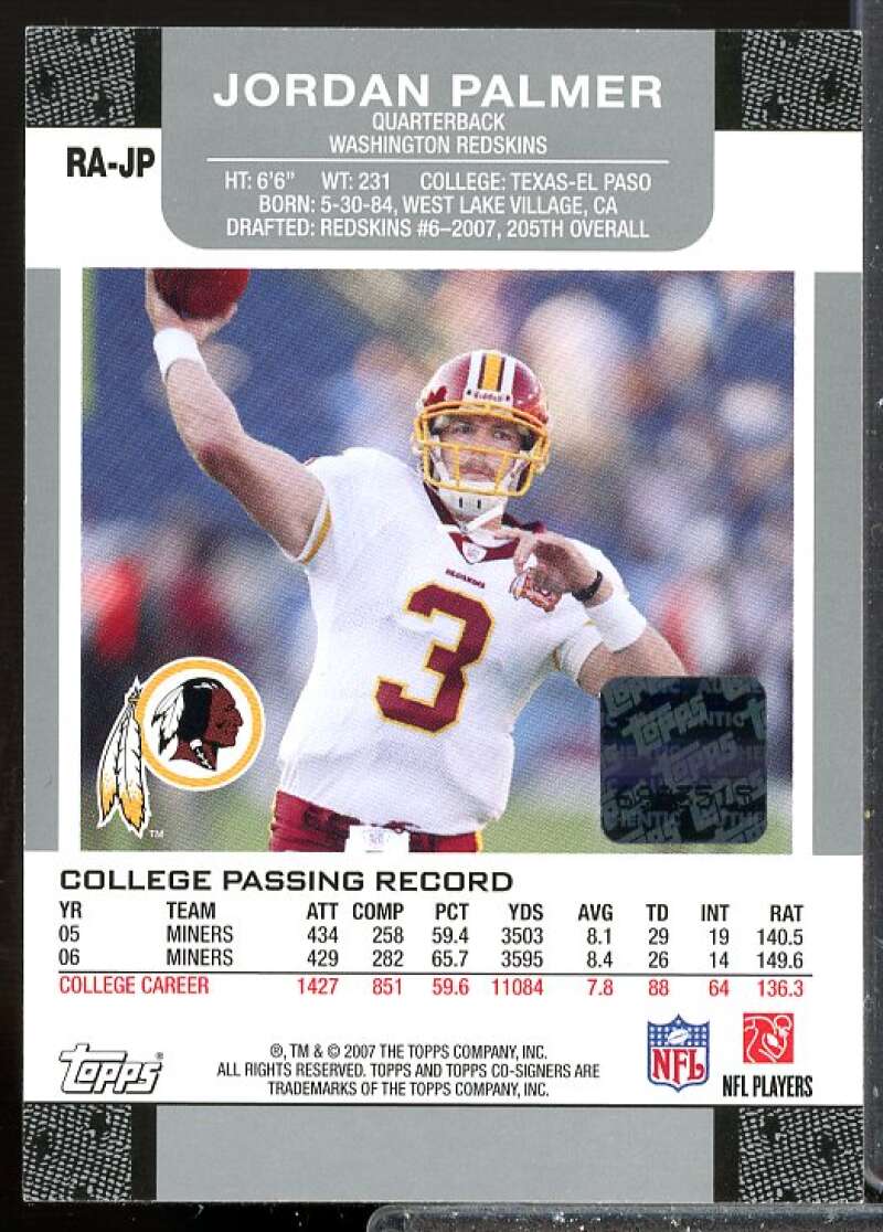Jordan Palmer I Rookie Card 2007 Topps Co-Signers Rookie Autographs #JP  Image 2
