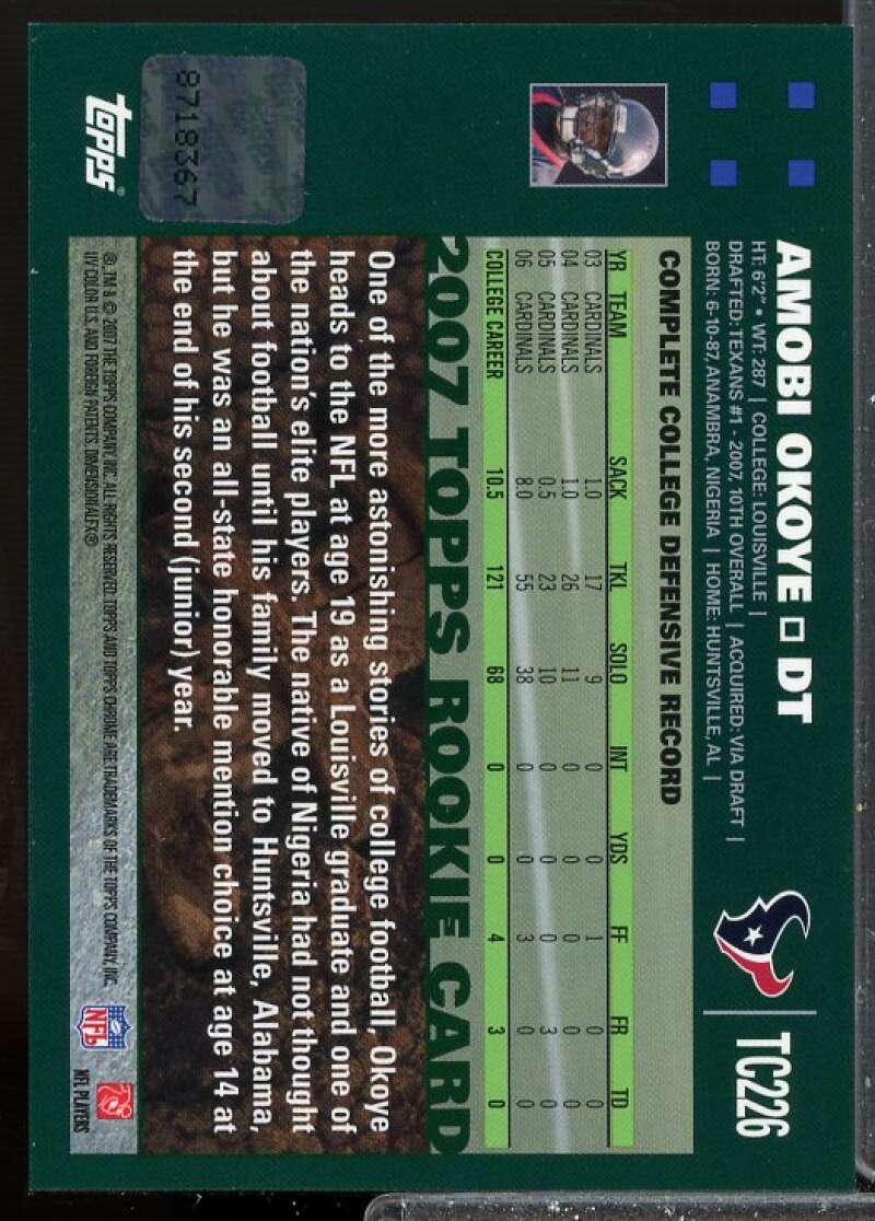 Amobi Okoye G Rookie Card 2007 Topps Chrome Rookie Autographs #TC226  Image 2