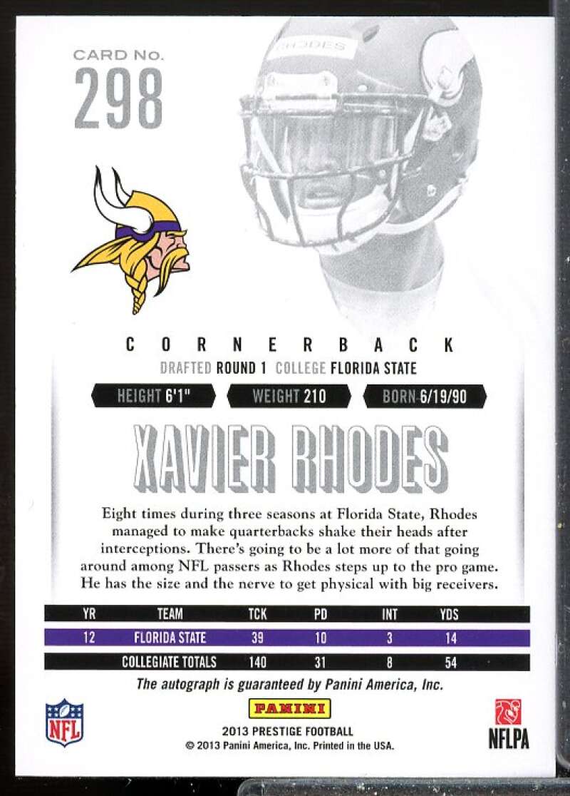 Xavier Rhodes Rookie Card 2013 Prestige Extra Points Red Rookie Autographs #298  Image 2