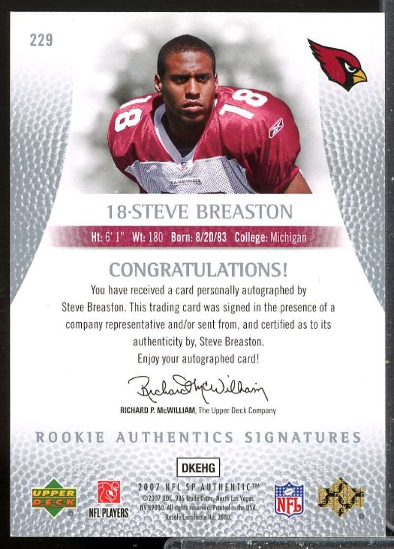Steve Breaston Rookie Card 2007 SP Authentic Rookie Auto #229  Image 2