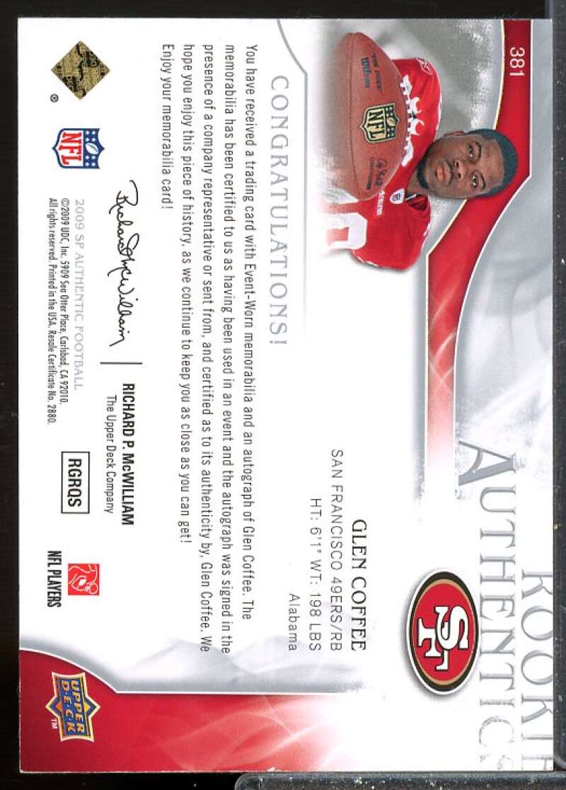 Glen Coffee JSY AU/999 Rookie Card 2009 SP Authentic Rookie #381  Image 2