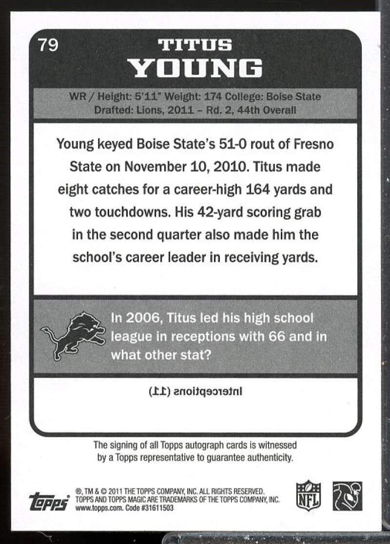 Titus Young (crease) Card 2011 Topps Magic Rookies Cut Autographs Black #79  Image 2