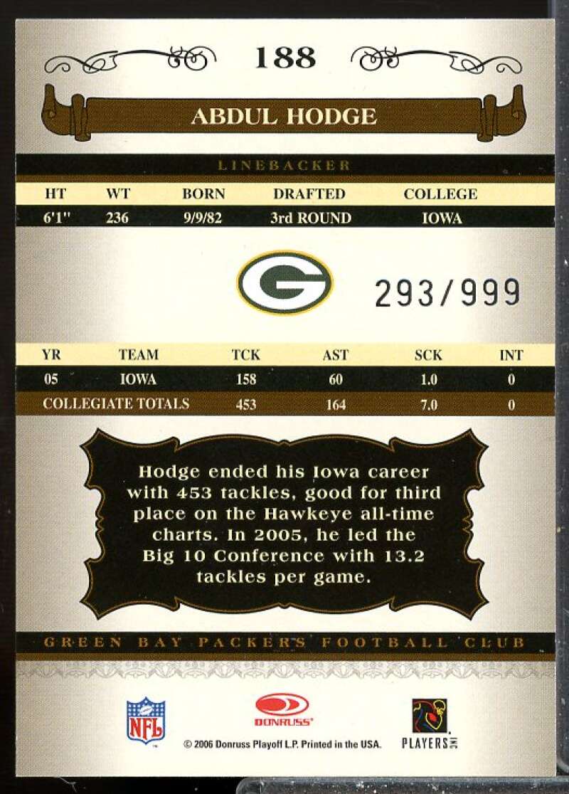 Abdul Hodge AU/999 Rookie Card 2006 Donruss Classics Rookie #188  Image 2