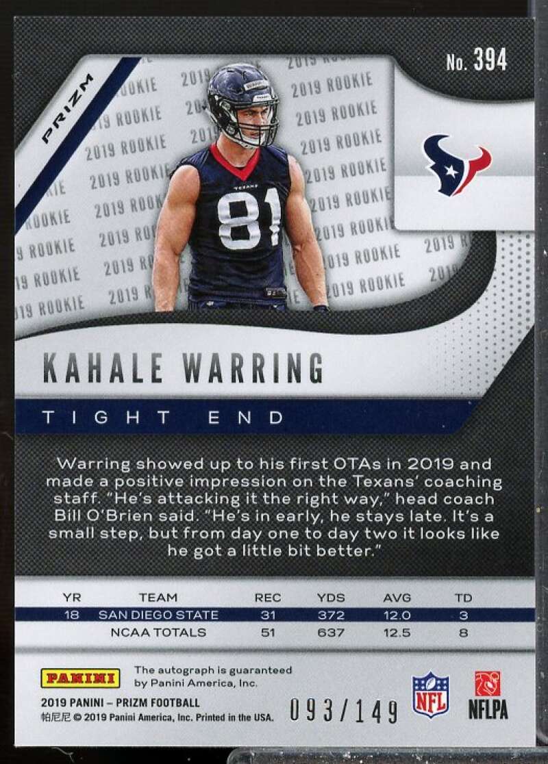 Kahale Warring Rookie 2019 Panini Prizm Rookie Autographs Prizms Red Wave #394  Image 2