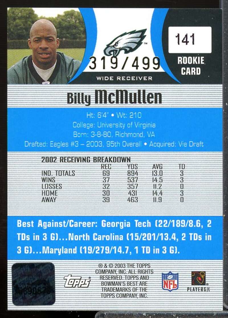Billy McMullen Rookie Card 2003 Bowman's Best Blue Rookie Auto #141  Image 2