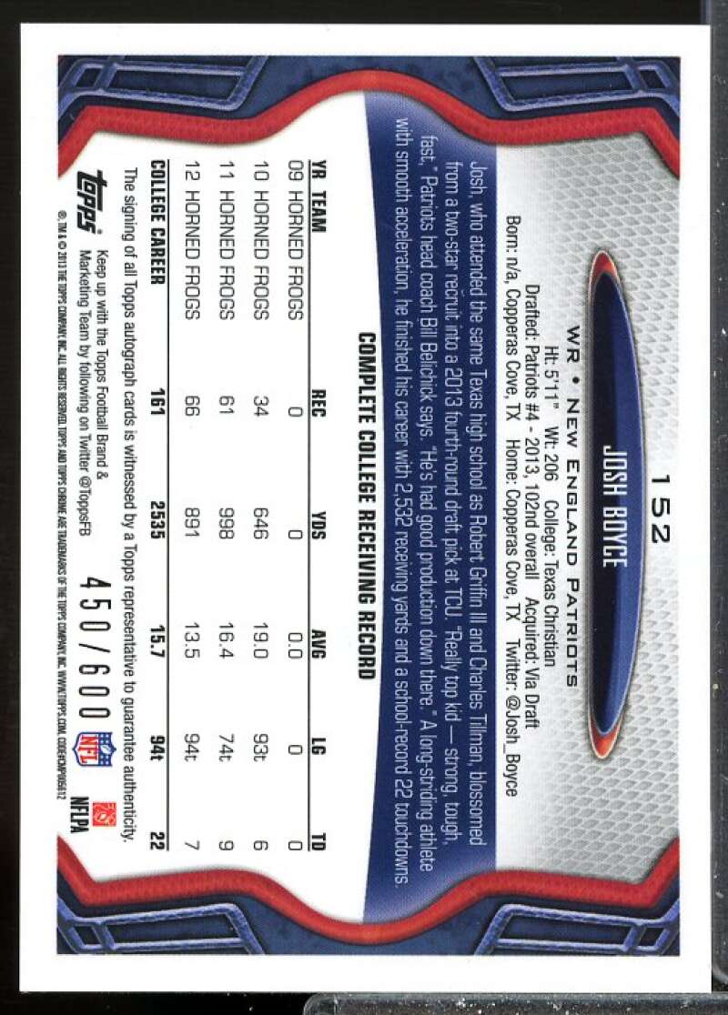 Josh Boyce/600 Rookie Card 2013 Topps Chrome Rookie Autographs #152  Image 2