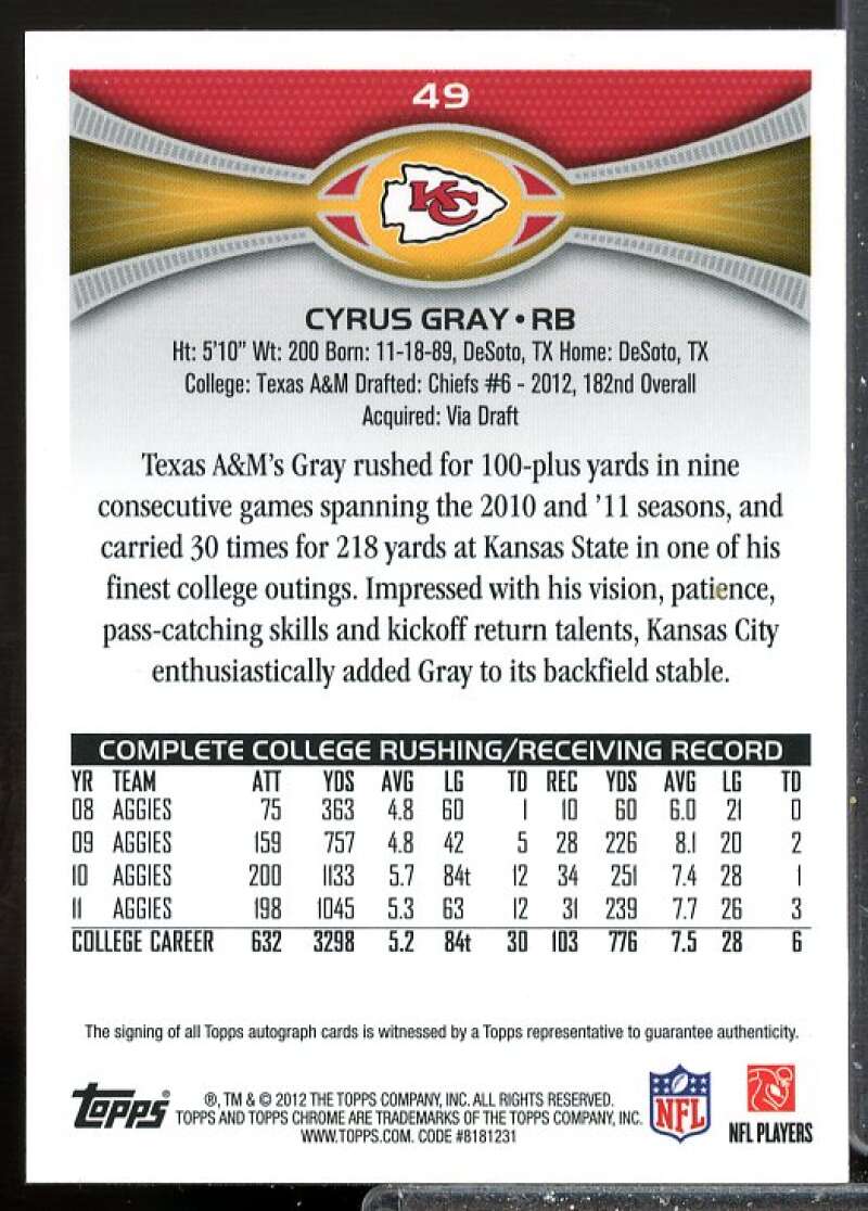 Cyrus Gray Rookie Card 2012 Topps Chrome Rookie Autographs #49  Image 2