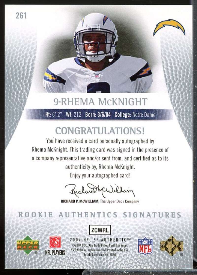 Rhema McKnight Rookie Card 2007 SP Authentic Rookie Auto #261  Image 2