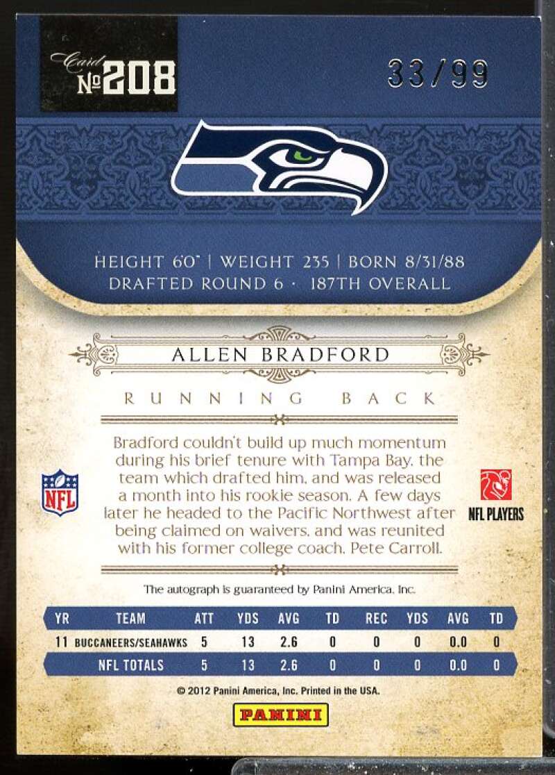 Allen Bradford Rookie Card 2011 Playoff National Treasures Rookie Auto #208  Image 2