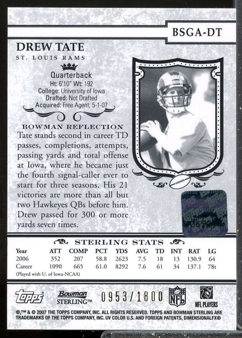Drew Tate/1800 Rookie Card 2007 Bowman Sterling Gold Rookie Autographs #DT  Image 2