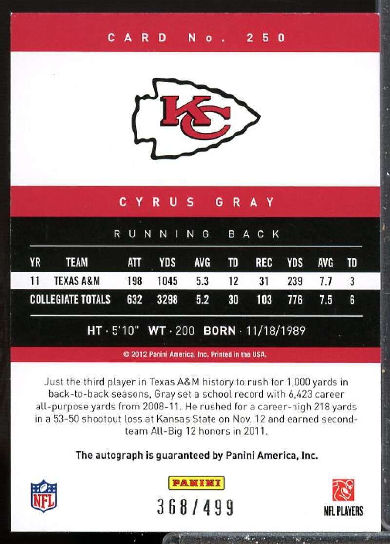 Cyrus Gray/499 Rookie Card 2012 Prestige Rookie Autographs #250  Image 2