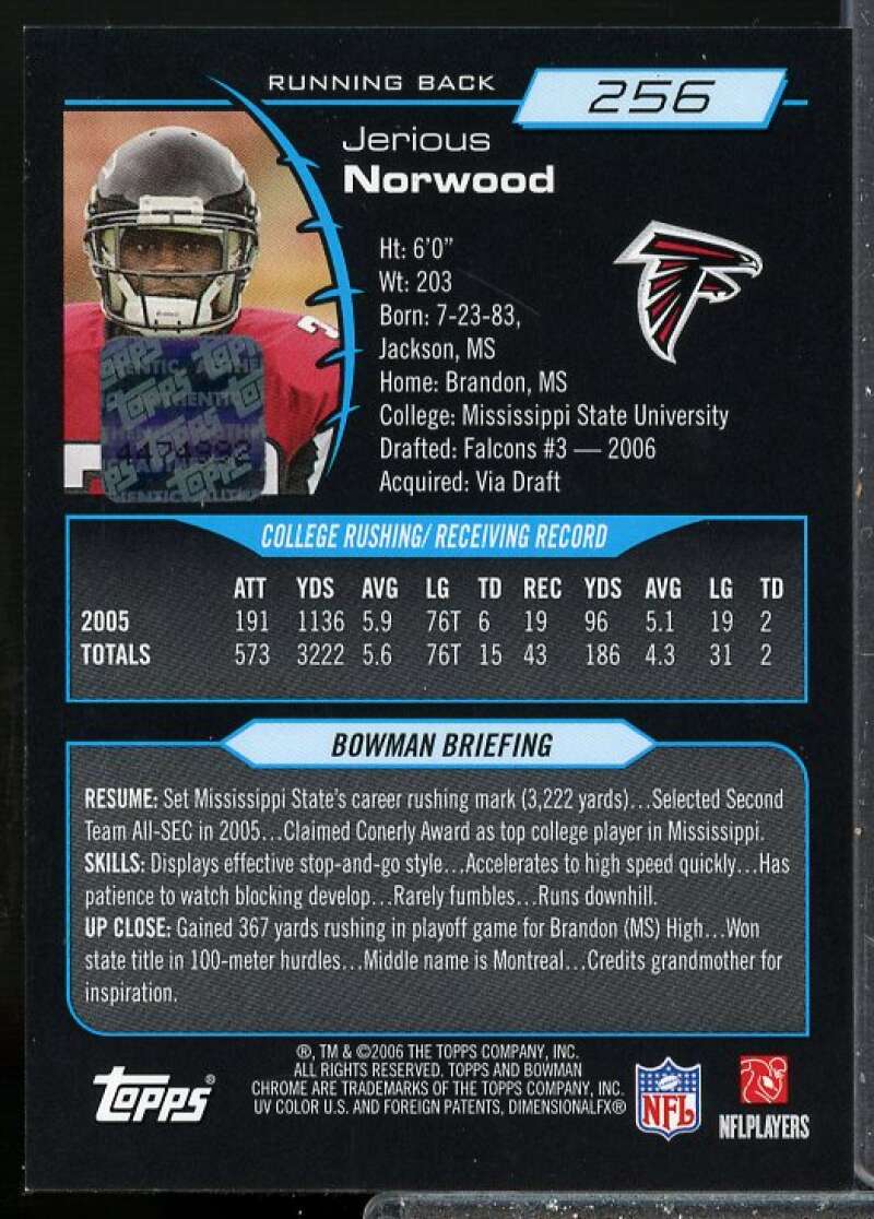 Jerious Norwood Rookie Card 2006 Bowman Chrome Rookie Autographs #256  Image 2