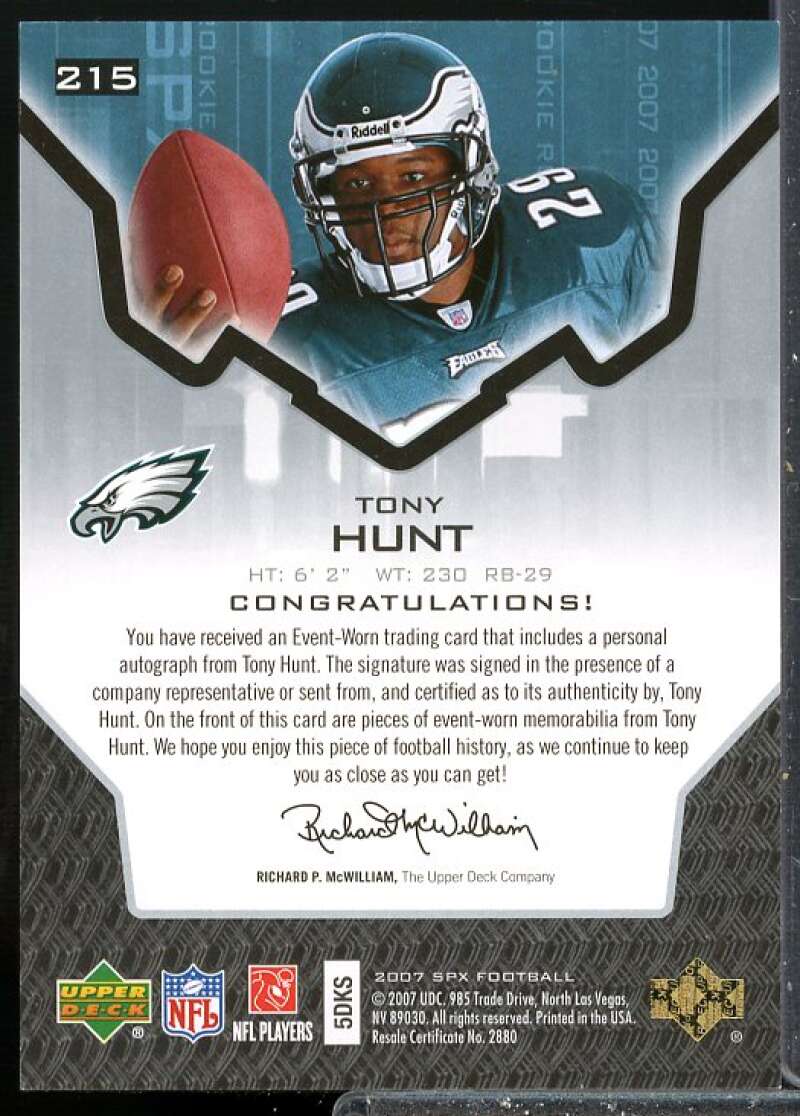 Tony Hunt Rookie Card 2007 SPx Rookie Jersey Auto #215  Image 2