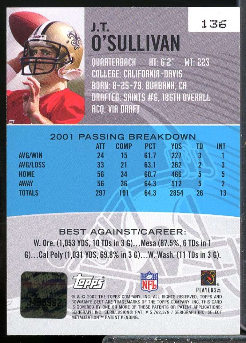 J.T. O'Sullivan AU Rookie Card 2002 Bowman's Best Rookie #136  Image 2