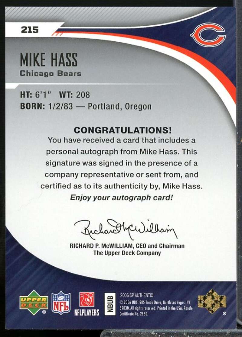 Mike Hass AU Rookie Card 2006 SP Authentic Rookie #215  Image 2