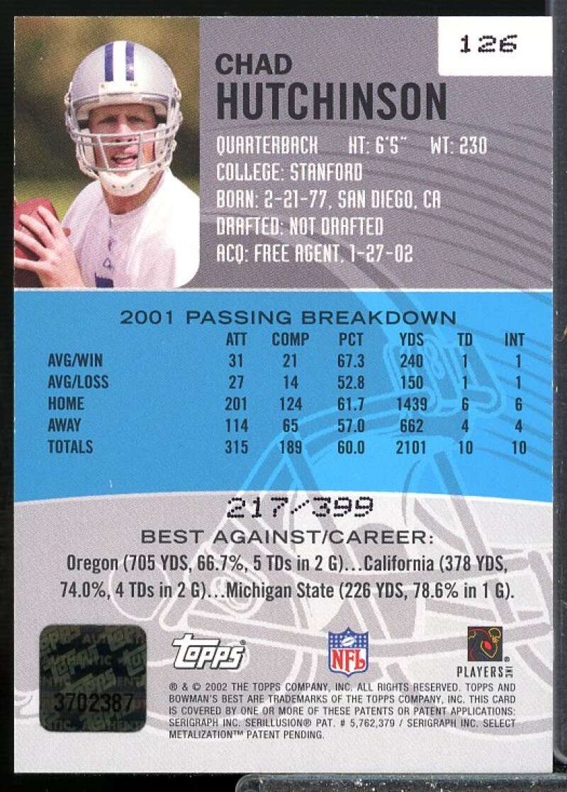 Chad Hutchinson AUTO Card 2002 Bowman's Best Blue #126  Image 2