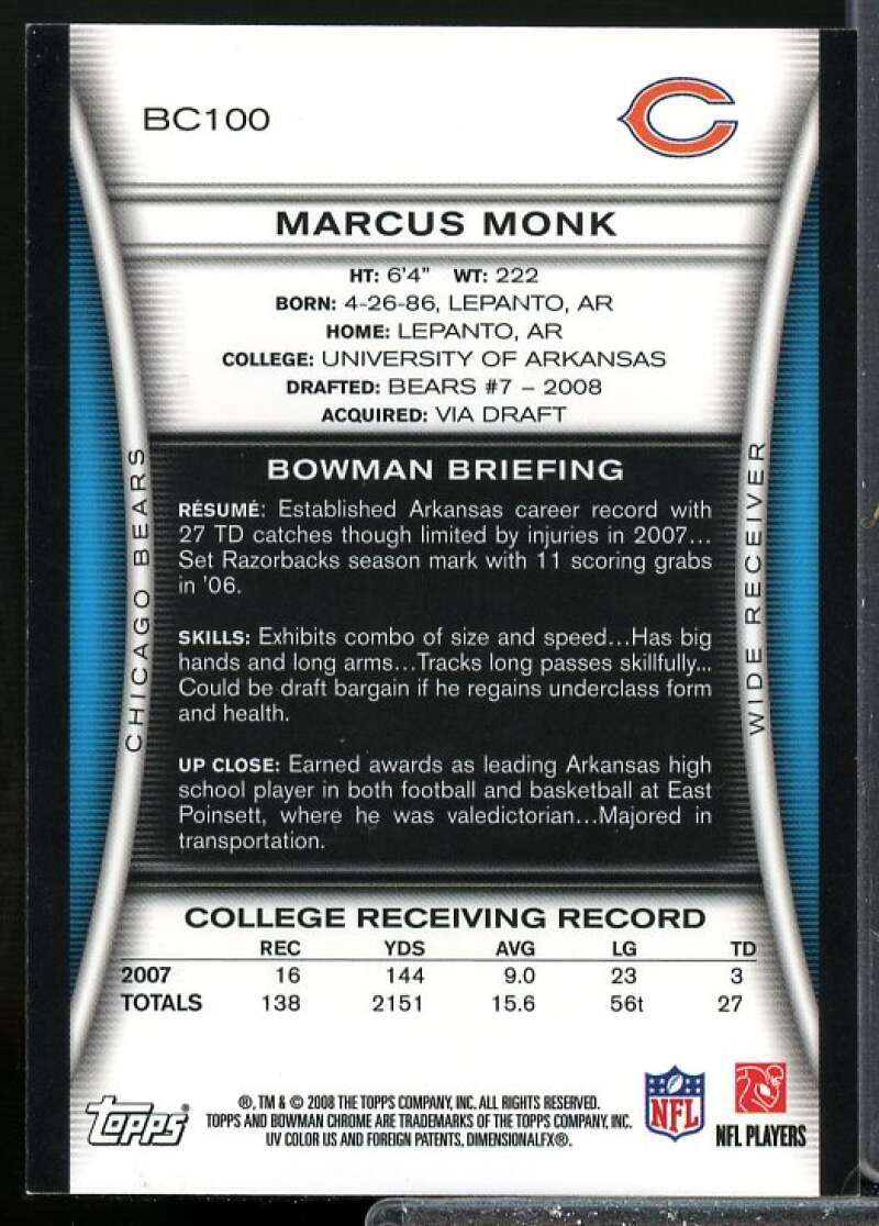 Marcus Monk G Rookie Card 2008 Bowman Chrome Rookie Autographs #BC100  Image 2